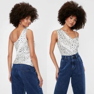 NASTY GAL Cream Asymmetric Satin Leopard Animal Print Cowl Neck Cami Top Size 6